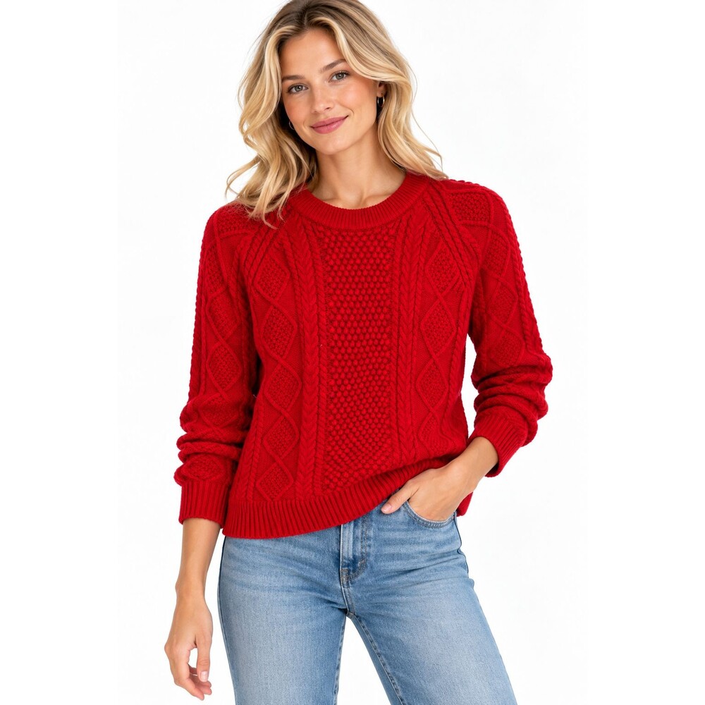 J.Crew Women's Cotton Cable-Knit Crewneck Sweater Red Size XS Holidays Preppy